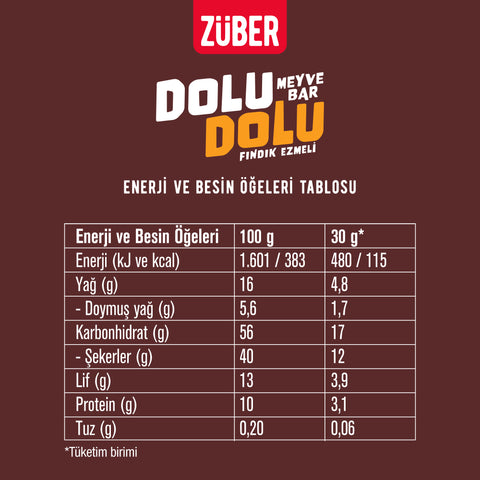 Dolu Dolu Fındık Ezmeli Meyve Bar 30g x 12 Adet (glutensiz) - Züber