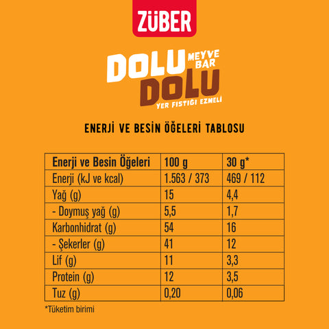 Dolu Dolu Yer Fıstığı Ezmeli Meyve Bar 30g x 12 Adet (glutensiz) - Züber