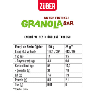 Antep Fıstıklı Granola Bar 25gr X 15 Adet - Züber