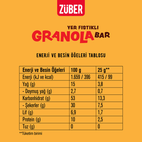 Yer Fıstıklı Granola Bar 25gr X 15 Adet - Züber