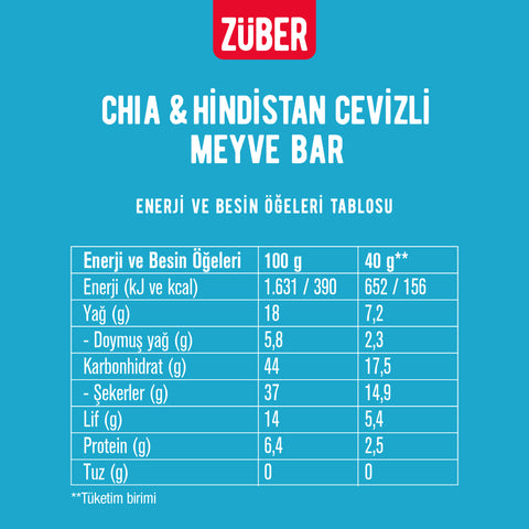 Chia ve Hindistan Cevizli Meyve Bar 40g x 12 Adet (glutensiz, vegan) - Züber