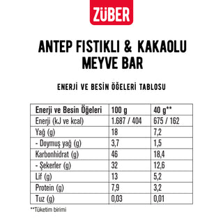 Antep Fıstıklı ve Kakaolu Meyve Bar 40g x 12 Adet (glutensiz, vegan) - Züber