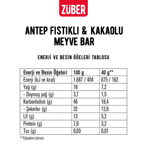 Antep Fıstıklı ve Kakaolu Meyve Bar 40g x 12 Adet (glutensiz, vegan)