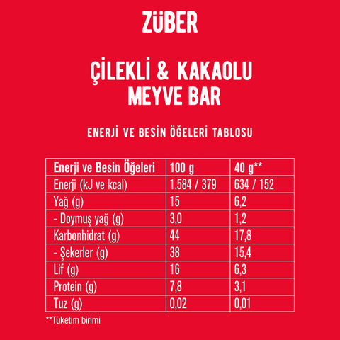 Çilekli ve Kakaolu Meyve Bar 40g x 12 Adet (glutensiz, vegan) - Züber