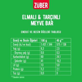Elmalı ve Tarçınlı Meyve Bar 40g x 12 Adet (glutensiz, vegan) - Züber