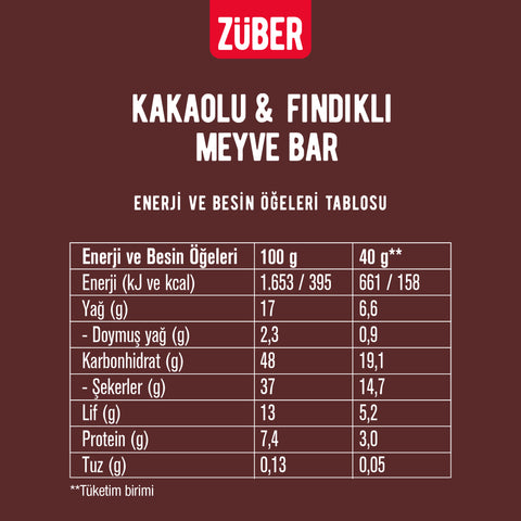 Kakaolu ve Fındıklı Meyve Bar 40g x 12 Adet (glutensiz, vegan) - Züber