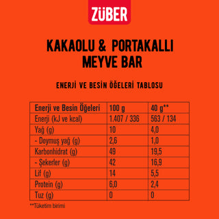 Kakaolu ve Portakallı Meyve Bar 40g x 12 Adet (glutensiz, vegan) - Züber
