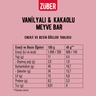 Vanilyalı ve Kakaolu Meyve Bar 40g x 12 Adet (glutensiz, vegan) - Züber