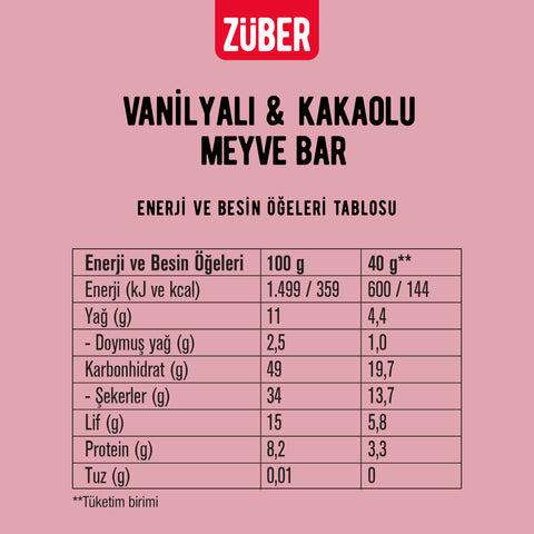 Vanilyalı ve Kakaolu Meyve Bar 40g x 12 Adet (glutensiz, vegan)