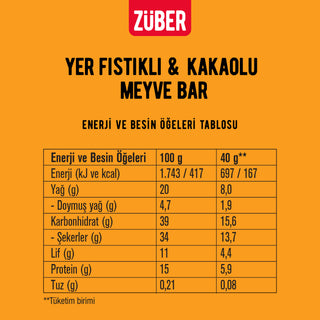 Yer Fıstıklı ve Kakaolu Meyve Bar 40g x 12 Adet (glutensiz, vegan) - Züber