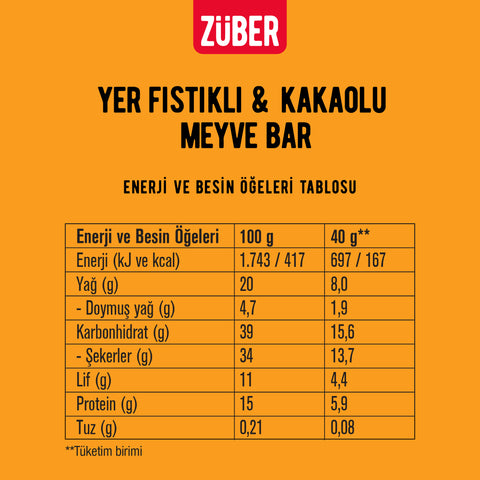 Yer Fıstıklı ve Kakaolu Meyve Bar 40g x 12 Adet (glutensiz, vegan)
