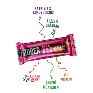 Çilekli Hi Protein Bar 45g x 12 Adet (15g protein) - Züber