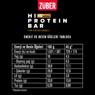 Yer Fıstığı Ezmeli Hi Protein Bar 45g x 12 Adet (15g protein) - Züber
