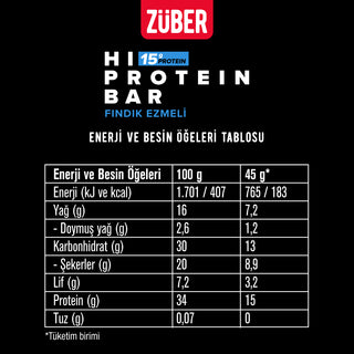 Fındık Ezmeli Hi Protein Bar 45g x 12 Adet (15g protein) - Züber