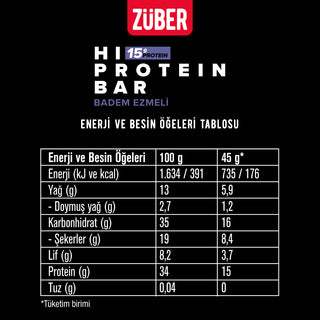 Badem Ezmeli Hi Protein Bar 45g x 12 Adet (15g protein) - Züber