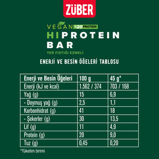 Yer Fıstığı Ezmeli Hi Protein Bar 45g x 12 Adet (9g protein, vegan) - Züber