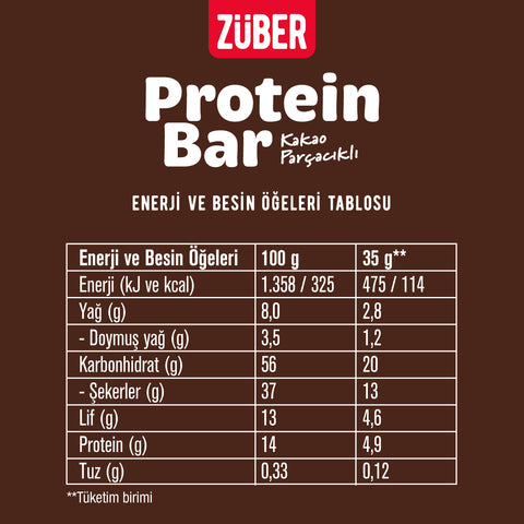Kakao Parçacıklı Protein Bar 35gr X 12 Adet - Züber