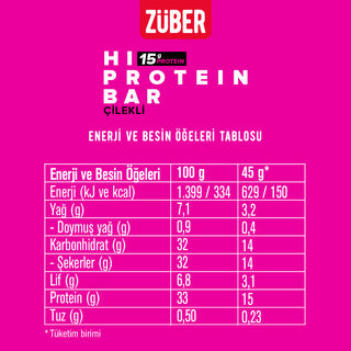 Çilekli Hi Protein Bar 45g x 12 Adet (15g protein) - Züber