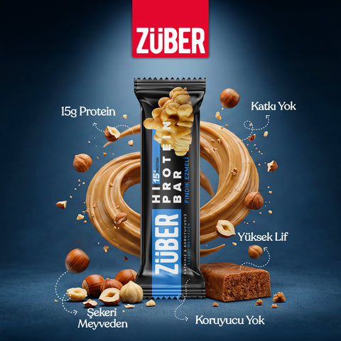 Fındık Ezmeli Hi Protein Bar 45g x 12 Adet (15g protein) - Züber