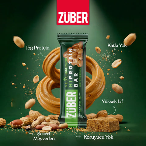 Yer Fıstığı Ezmeli Vegan Hi Protein Bar 45g x 12 Adet (9g protein, vegan) - Züber