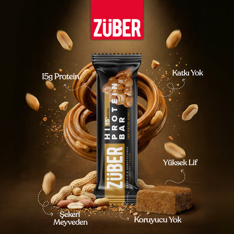 Yer Fıstığı Ezmeli Hi Protein Bar 45g x 12 Adet (15g protein) - Züber